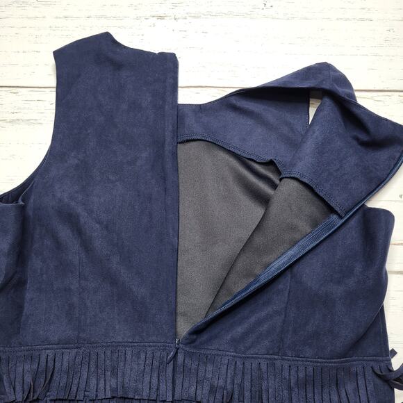 Julie Brown Faux Suede Fringe Waist Mini Sheath Dress Navy Blue Sleeveless 2 XS - Picture 5 of 8